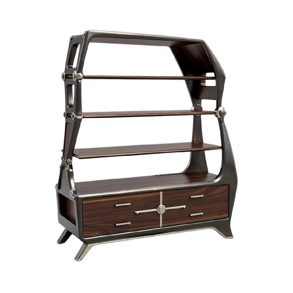 Moderne houten boekenkast met metalen accenten en elegante lijnen