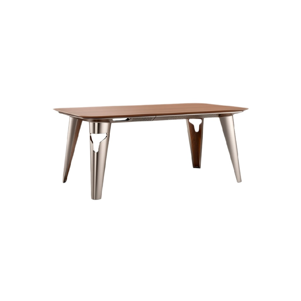 Moderne houten tafel met metalen poten en ingebouwd lade-systeem